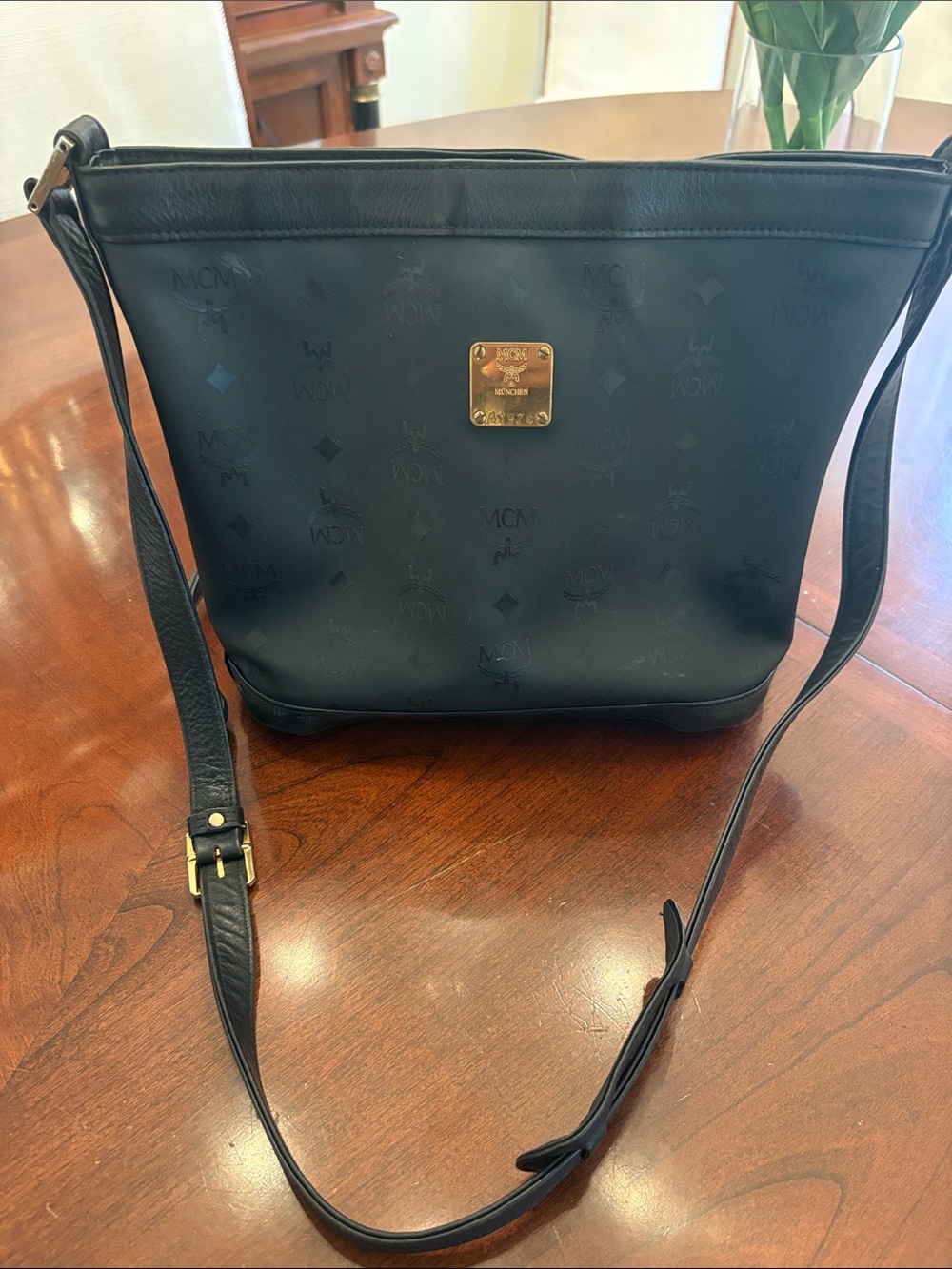 MCM Black Leather Crossbody with Gold Logo Plaque